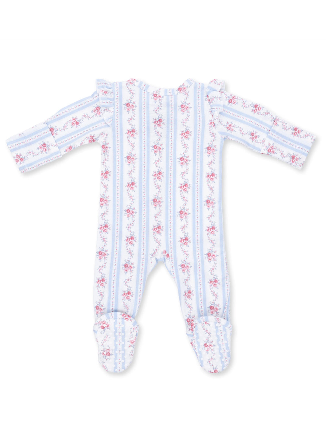 Floral-patterned baby onesie in blue with ruffled sleeves and footed design. Ideal for comfort and style.