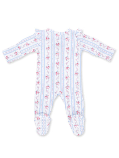 Floral-patterned baby onesie in blue with ruffled sleeves and footed design. Ideal for comfort and style.
