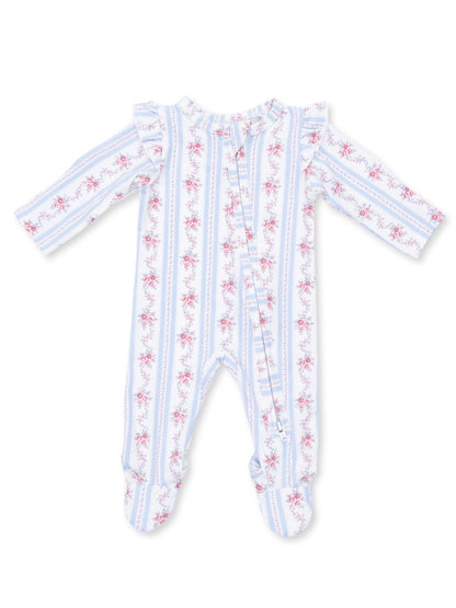  floral patterned baby onesie with ruffles and long sleeves in pastel colors, featuring a front zipper closure.