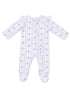  floral patterned baby onesie with ruffles and long sleeves in pastel colors, featuring a front zipper closure.