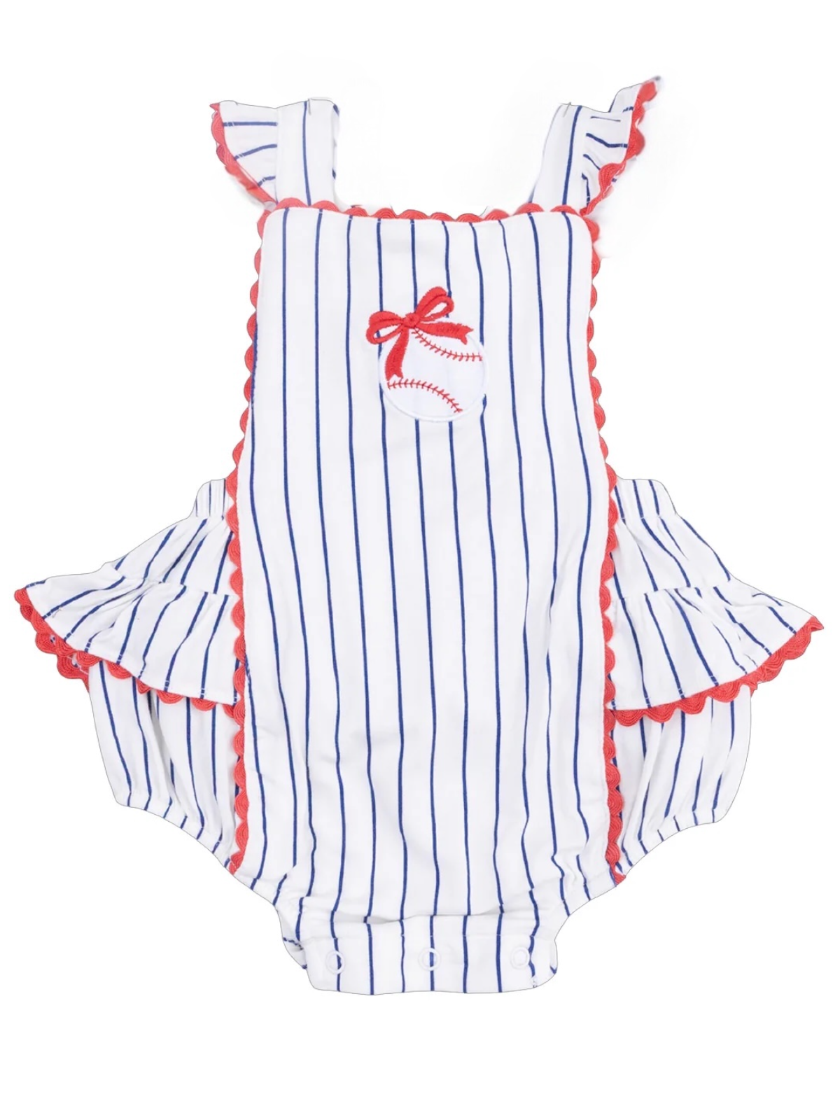 White striped baby romper with ruffled sleeves and baseball motif, trimmed in red scallops.