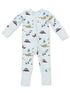 Children's winter-themed onesie featuring colorful snowplows, lifts, and trees on a light blue background.