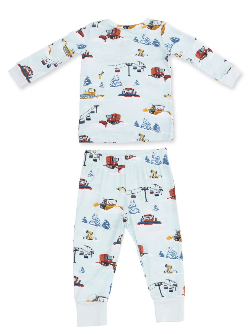 Light blue children's pajamas with colorful vehicle patterns, including snowplows and cable cars.
