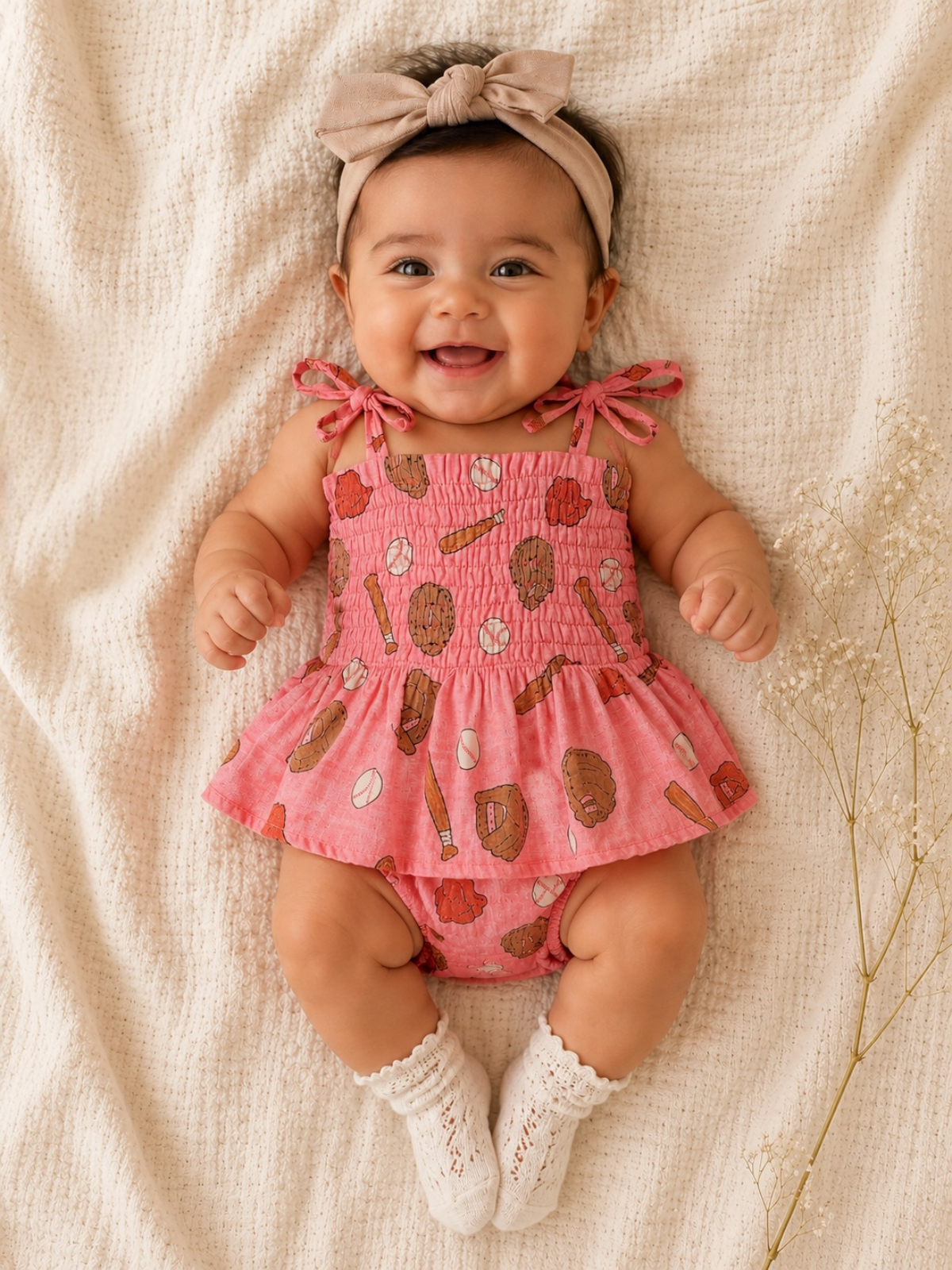Smiling baby in a pink sports-themed outfit, sitting on a textured blanket with delicate flowers nearby.
