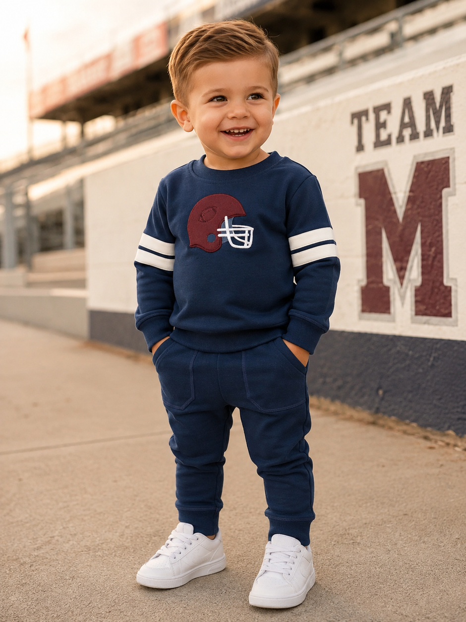 Drop Sleeve Varsity Stripe Sweatshirt, Football Helmets Maroon