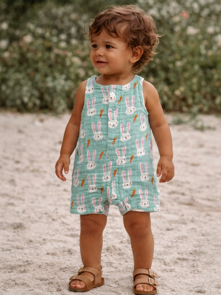 Smiling toddler in a bunny-print romper stands on the sandy ground, surrounded by soft greenery.