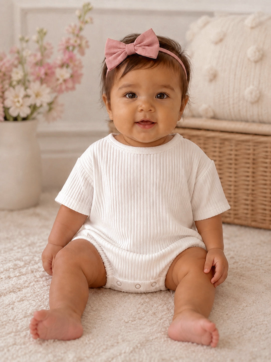 Smiling baby sitting on a soft rug, wearing a white outfit and pink bow headband, with flowers nearby.
