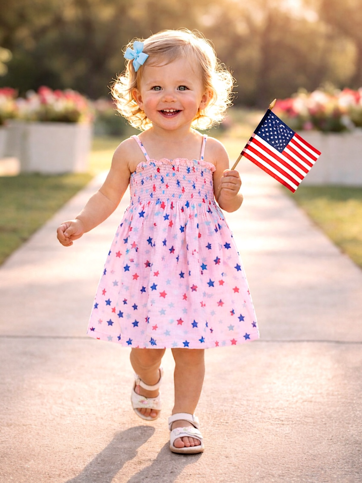 Smiling little girl in a star-patterned dress joyfully waving a small American flag on a sunny path.