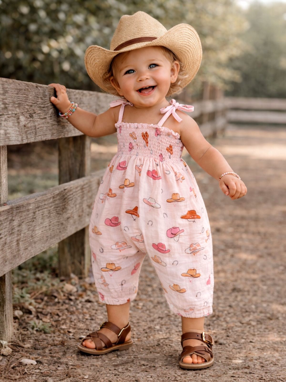 Smiling toddler in a pink hat-patterned romper and straw hat, standing by a wooden fence outdoors.