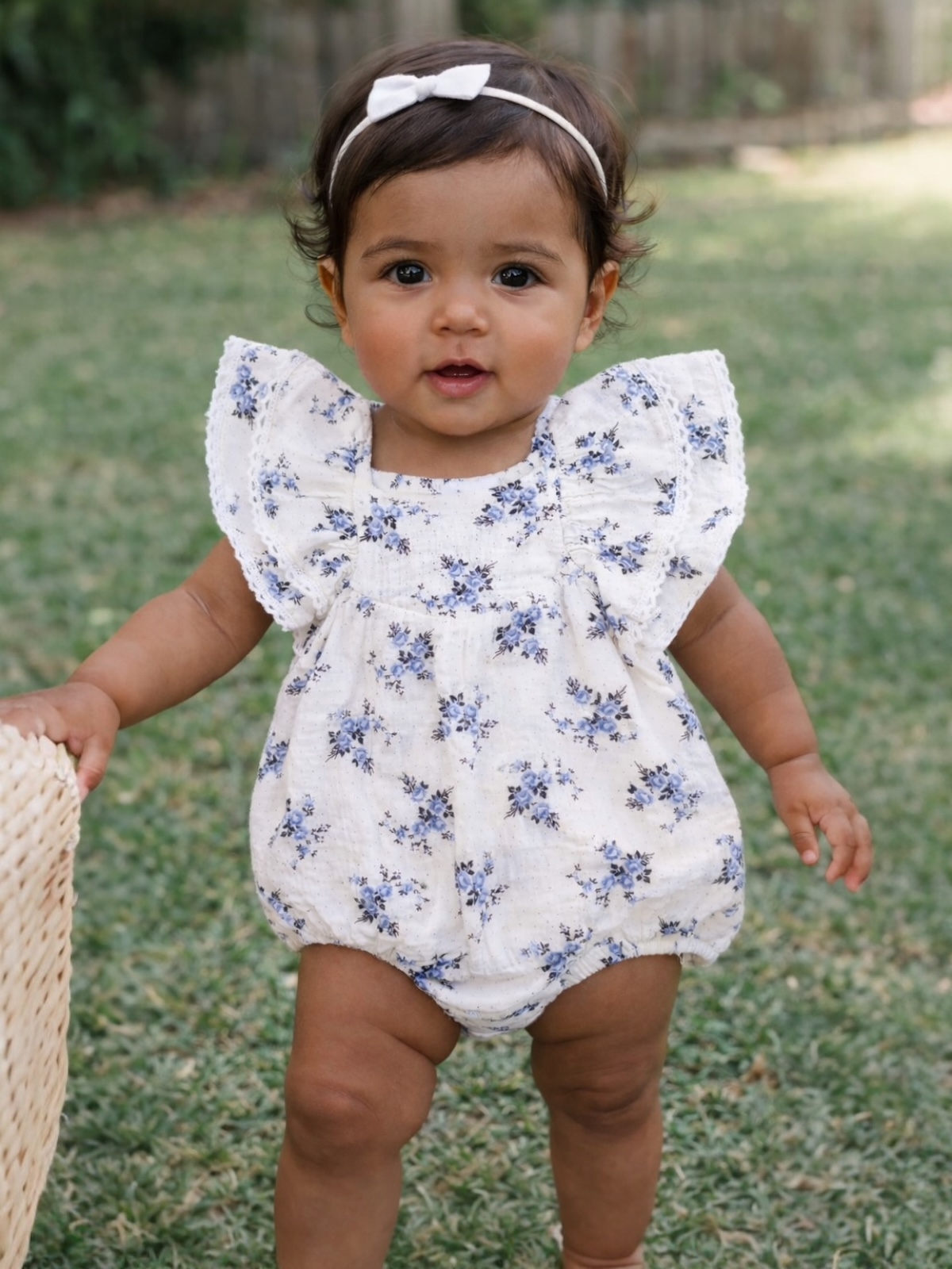 Smiling toddler in floral romper stands on grass, holding a woven basket, wearing a bow headband.