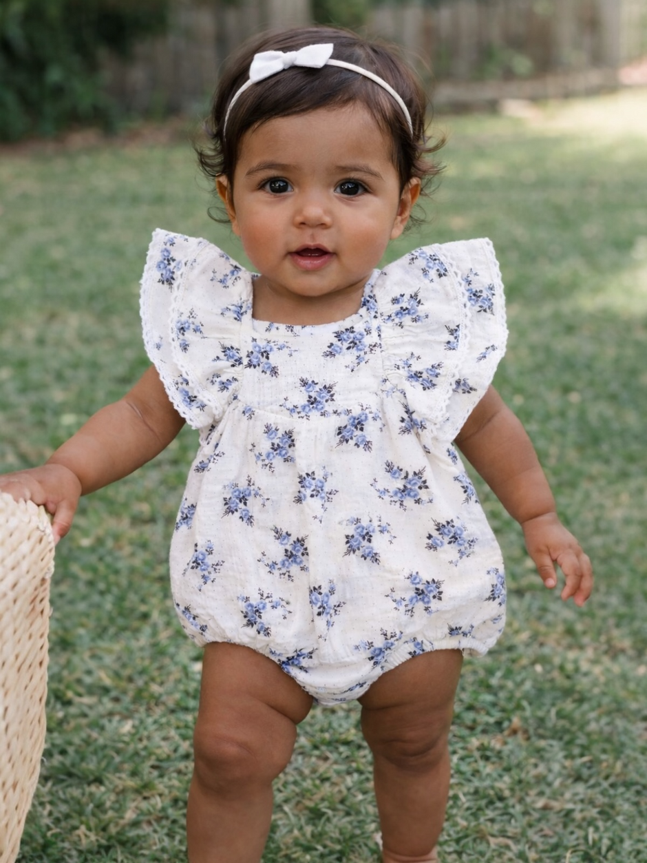 Smiling toddler in floral romper stands on grass, holding a woven basket, wearing a bow headband.