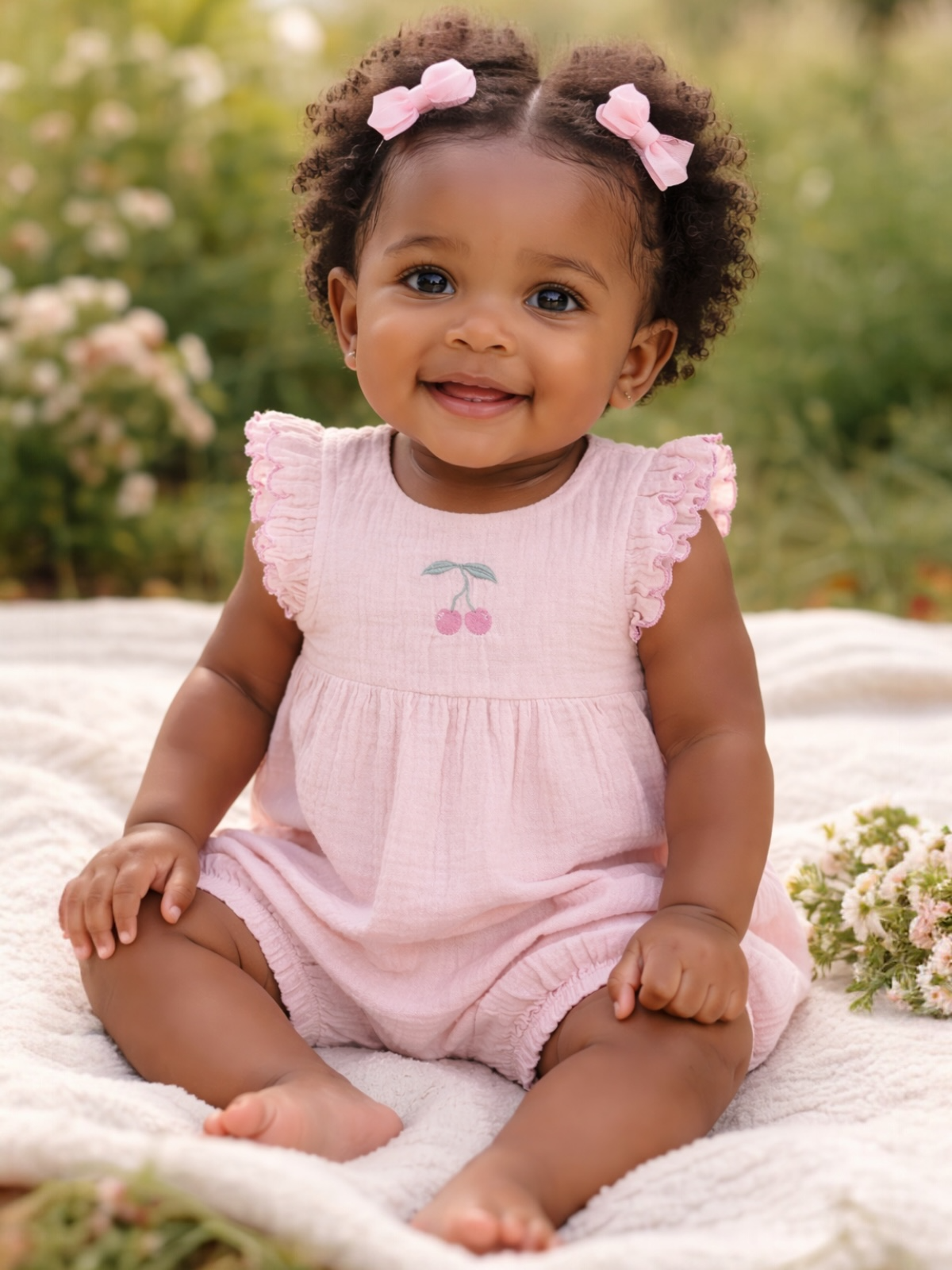 Smiling baby girl in a pink outfit with ruffled sleeves, sitting on a blanket surrounded by flowers.
