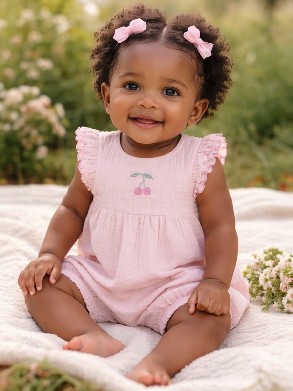 Smiling baby girl in a pink outfit with ruffled sleeves, sitting on a blanket surrounded by flowers.