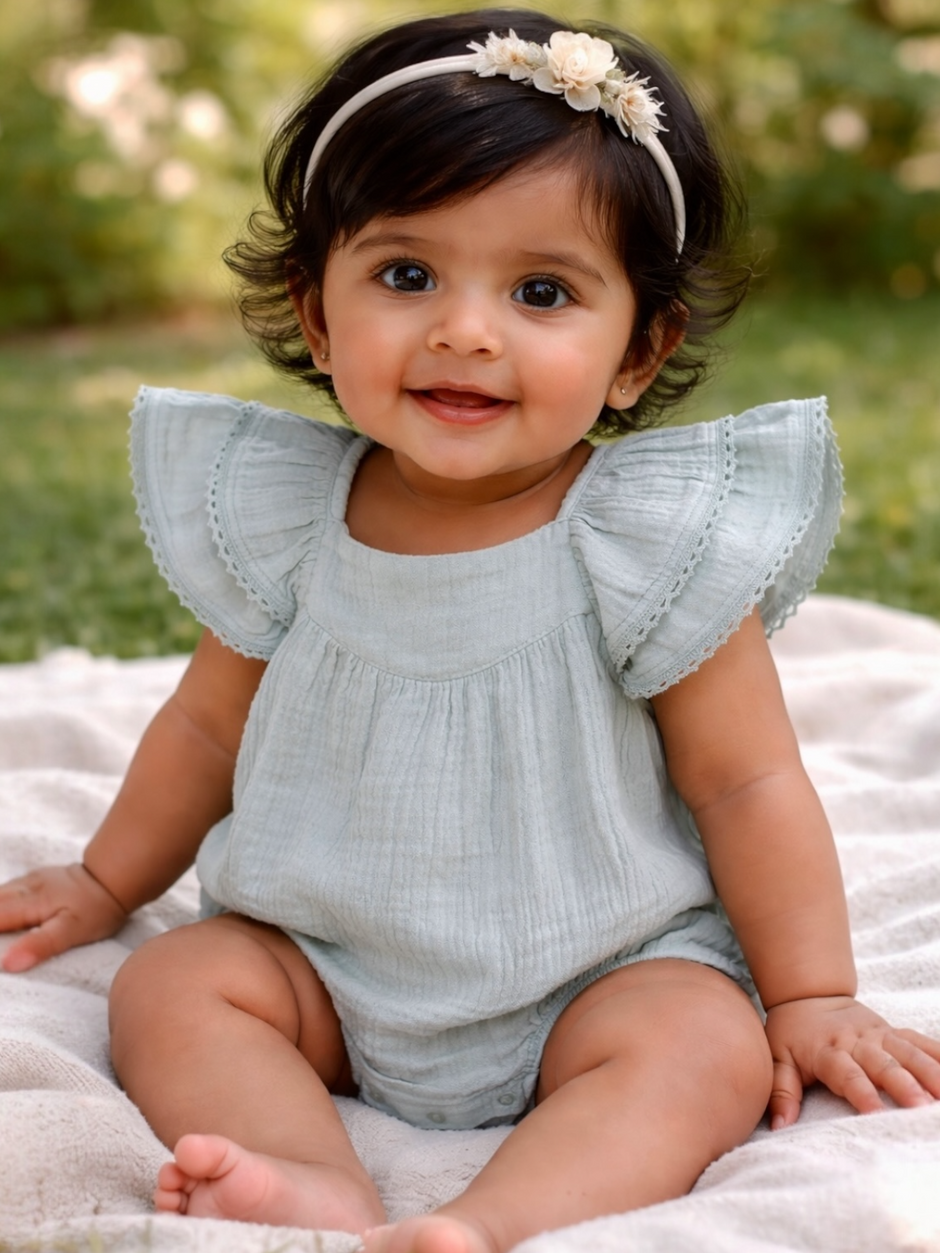 Smiling baby wearing a light blue romper with ruffled sleeves, sitting on a blanket outdoors.