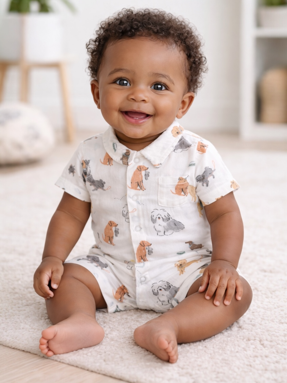 Smiling toddler in a dog-print outfit sitting on a soft rug, showcasing joyful expression.