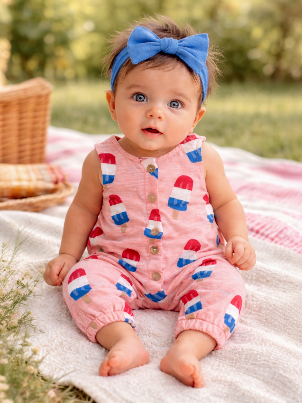 Baby in a pink popsicle-patterned romper and blue headband sitting on a blanket with a picnic basket nearby.