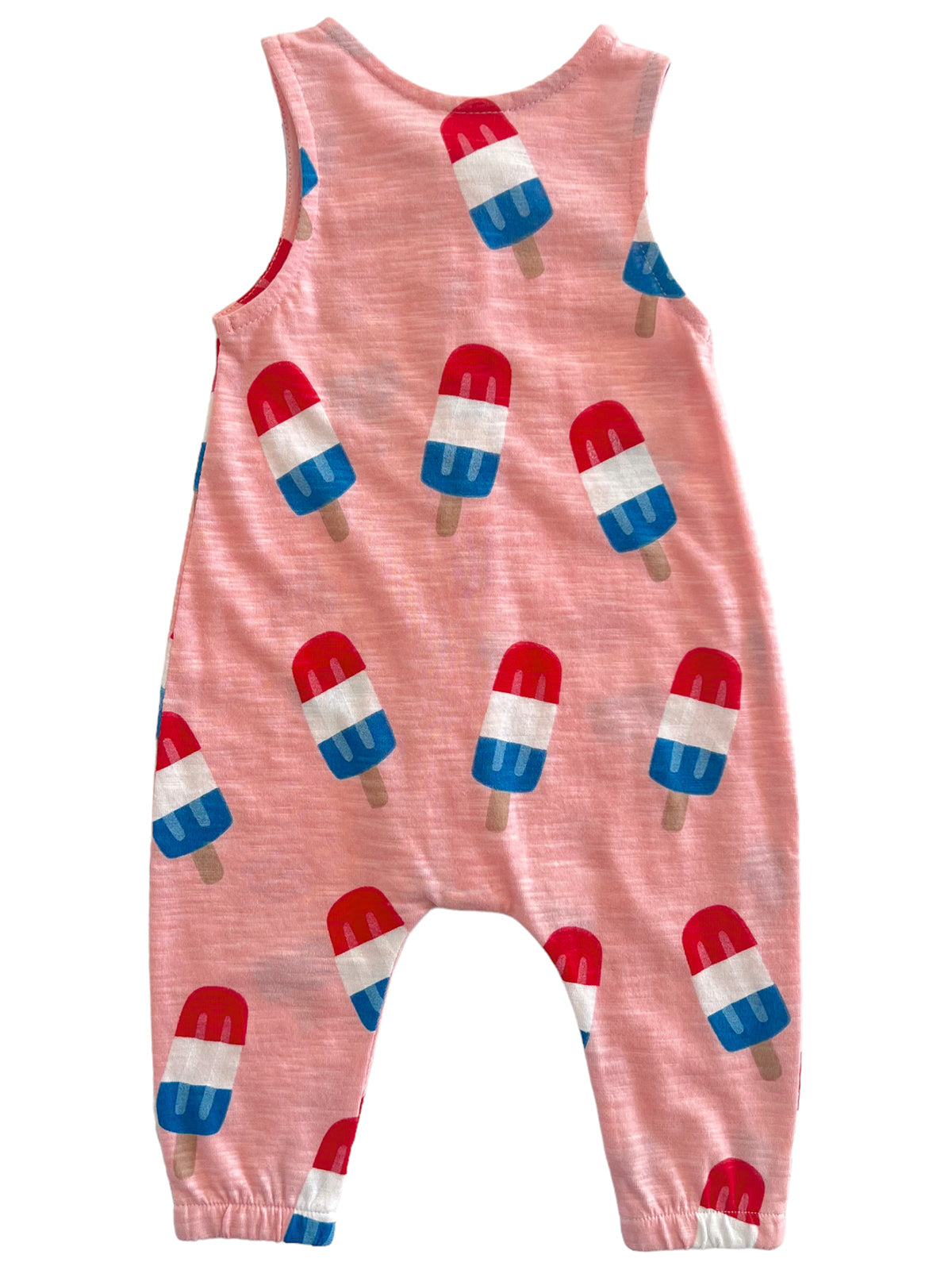 Pink baby romper with colorful popsicle prints on the back. Perfect for summer outings and casual wear.