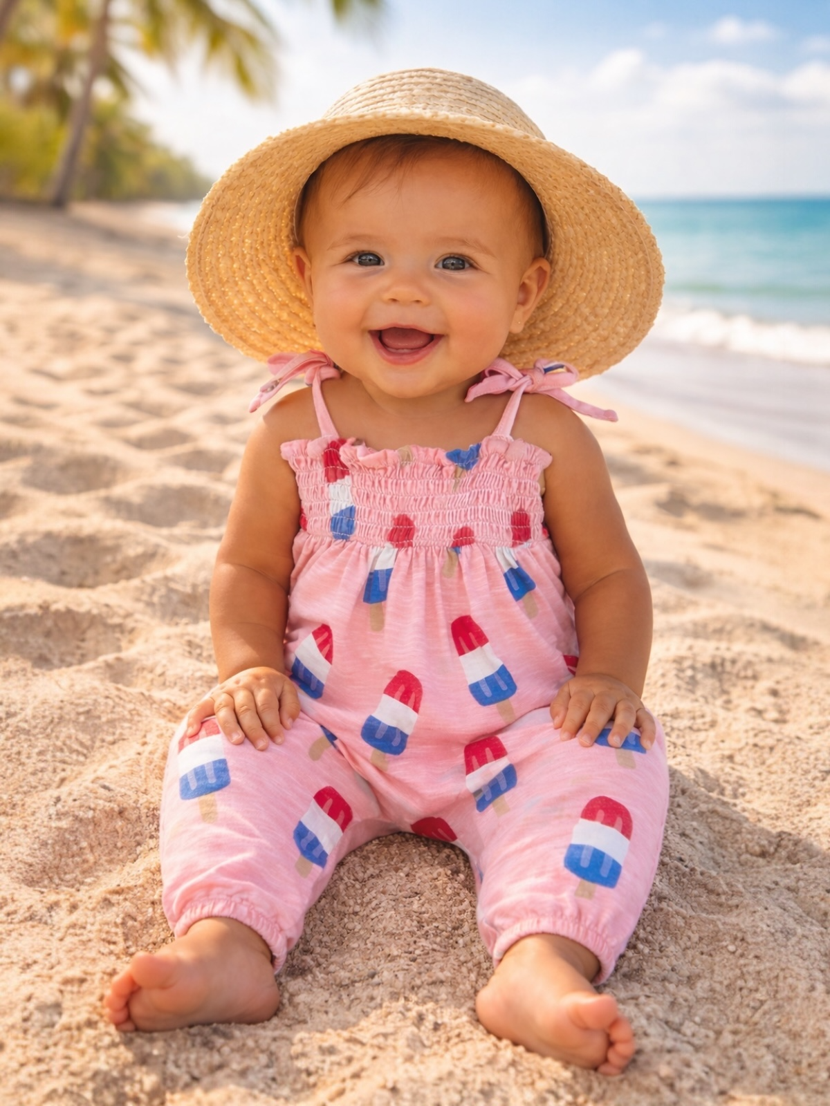 Smiling baby in a pink popsicle-patterned outfit and straw hat sitting on sandy beach.