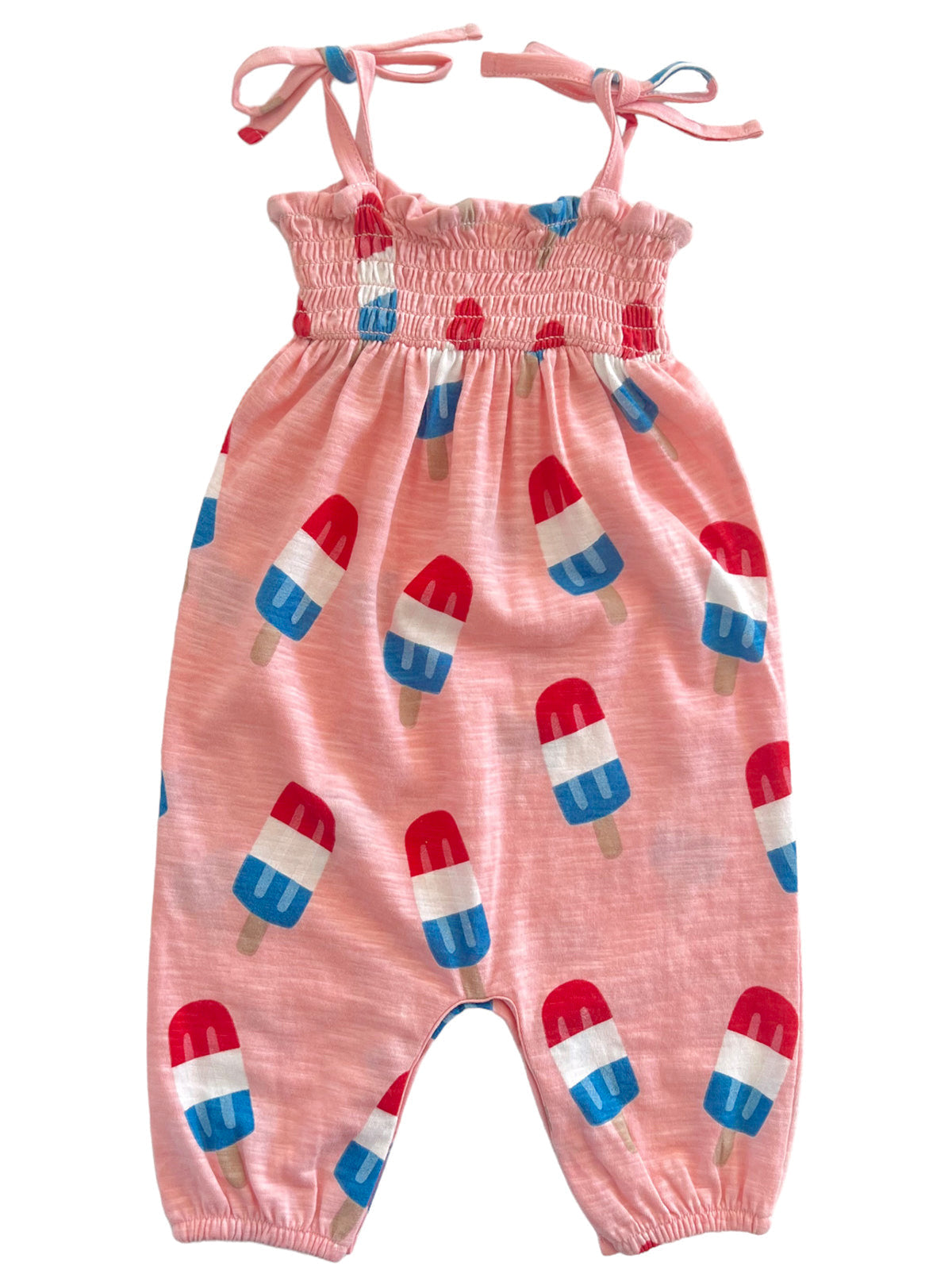 Pink romper with popsicle print and tie straps, perfect for summer wear.