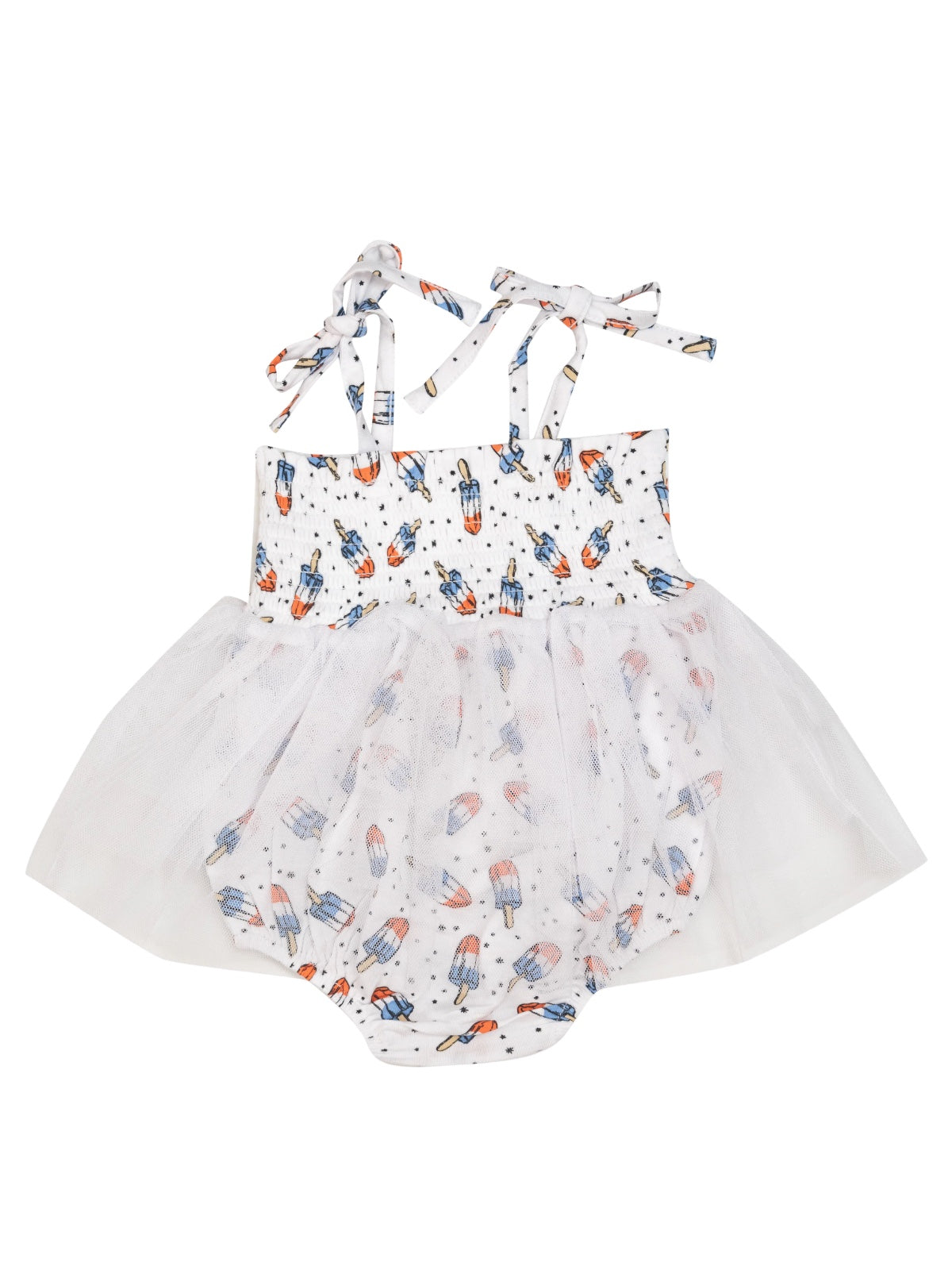 Toddler dress with popsicle print and tulle skirt, featuring shoulder ties in a whimsical design.