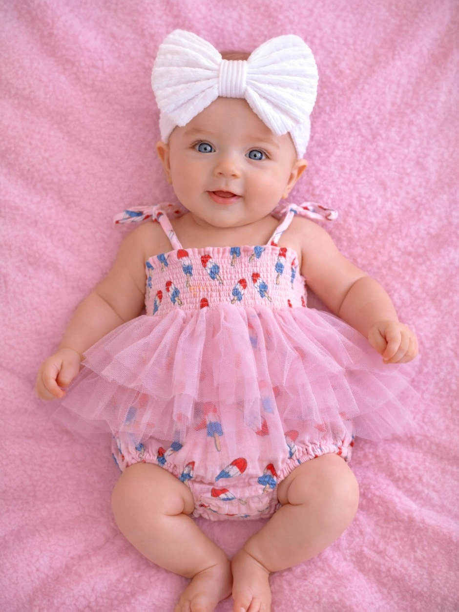 Baby in a pink smocked outfit with a tulle skirt and large white bow, smiling on a pink blanket.