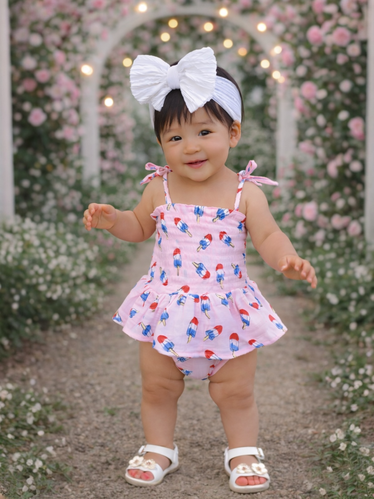 Smiling baby in pink swimsuit with popsicle pattern, white bow headband, surrounded by flowers on a pathway.