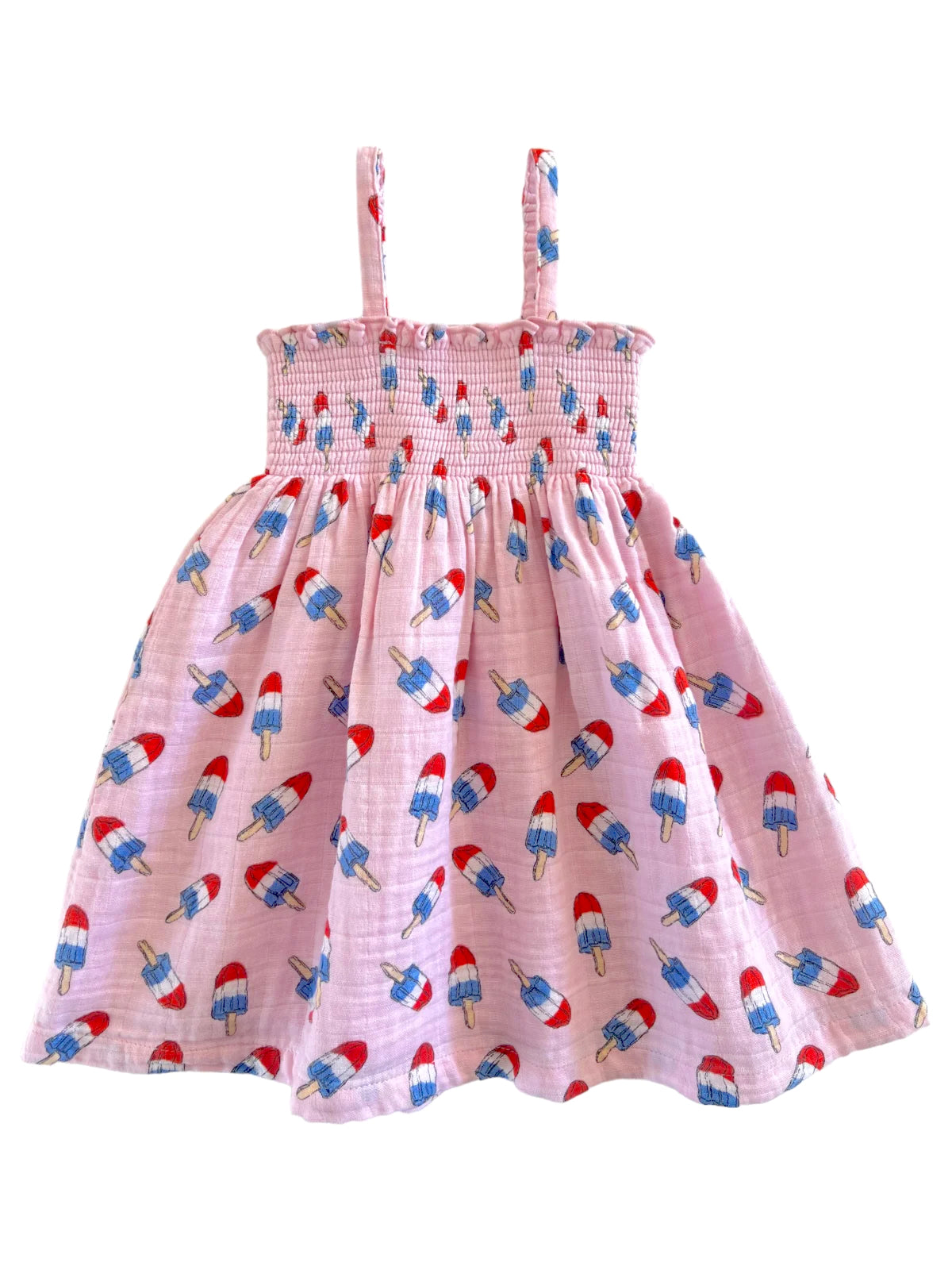 Pink dress with spaghetti straps featuring a colorful popsicle print. Perfect for summer wear.