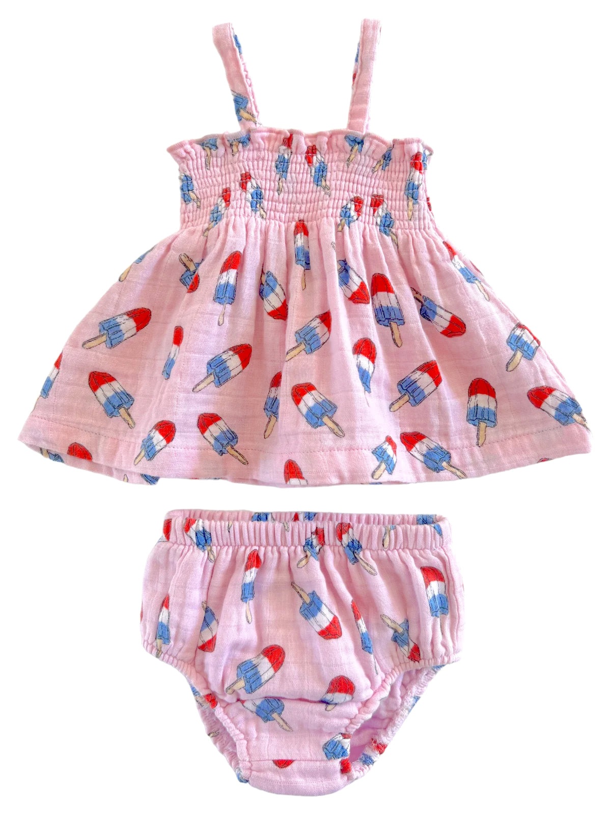 Pink baby dress and matching bloomer, featuring a playful popsicle print. Perfect for warm weather wear.