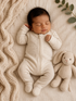 Sleeping newborn in cozy outfit beside a soft bunny toy on a textured blanket. Natural, serene setting.