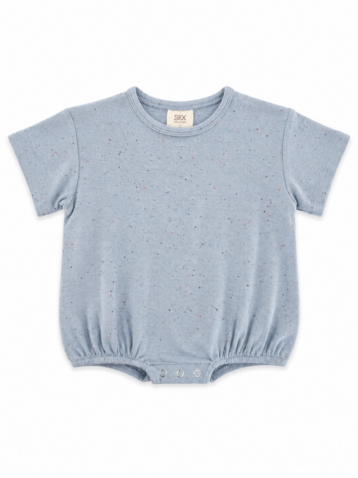 Light blue baby bodysuit with short sleeves and elastic around the waist, featuring a sprinkle pattern.