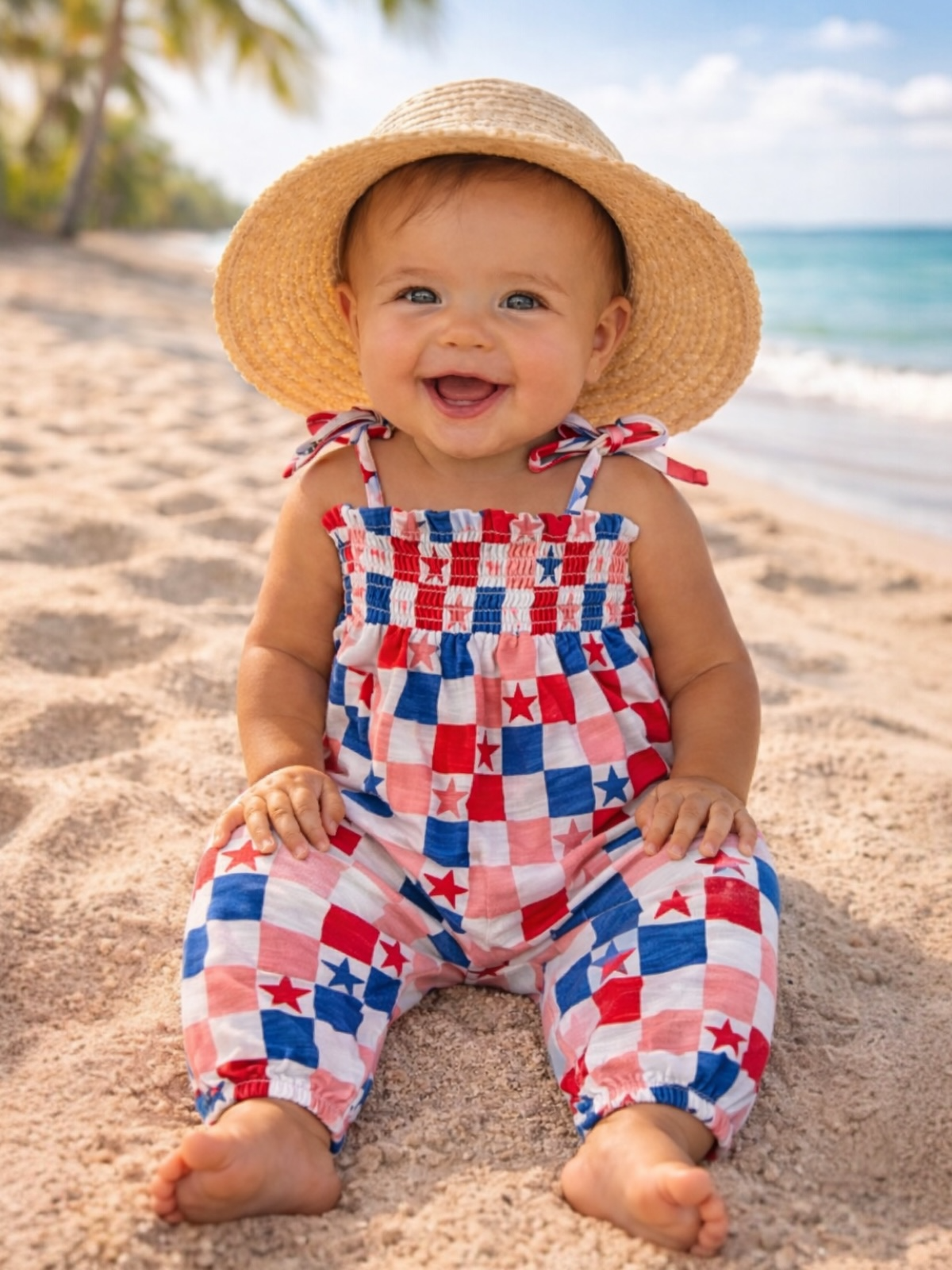 Smiling baby in a straw hat sits on the beach, wearing a colorful checkerboard outfit with stars.