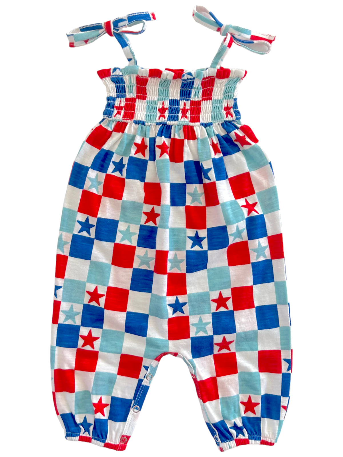 Red, white, and blue checkered romper with star patterns and adjustable straps. Suitable for warm weather.