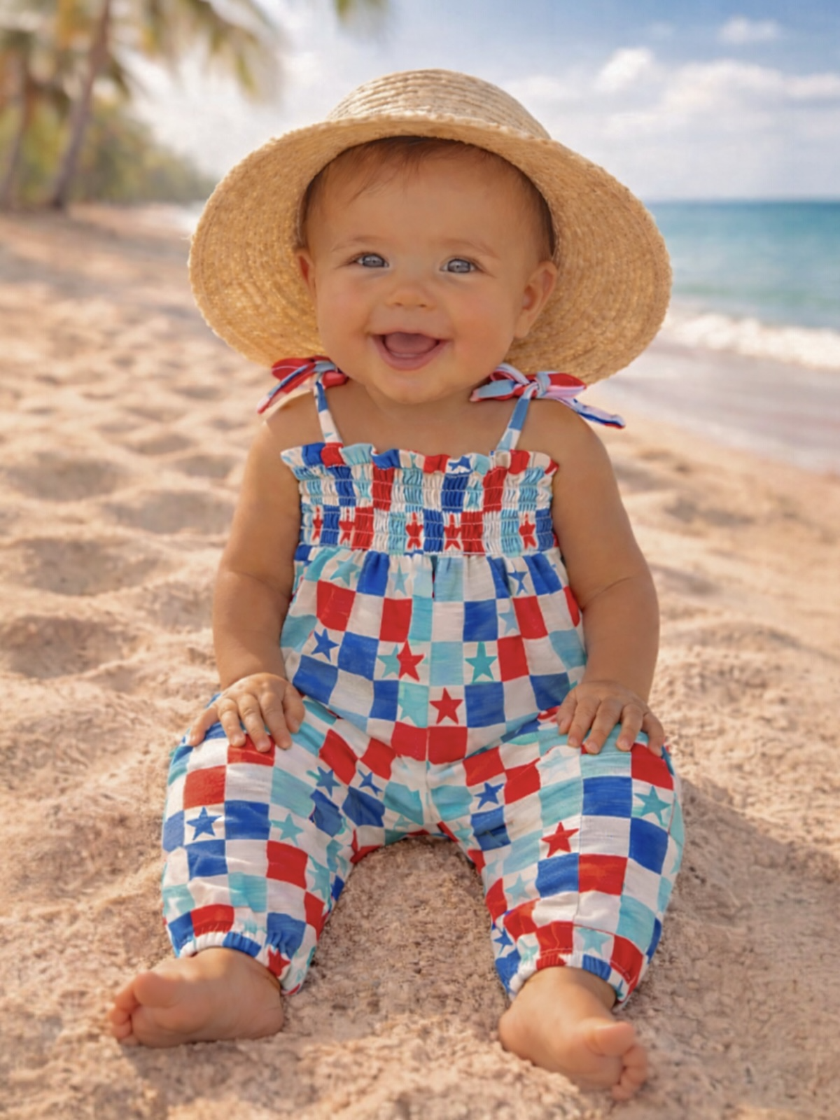 Smiling baby in a red, white, and blue outfit sitting on the beach, wearing a straw hat and enjoying sunny weather.