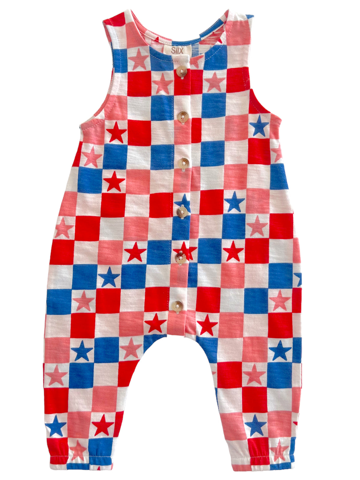 Red, white, and blue checkered overall with star patterns and buttons, suitable for children.