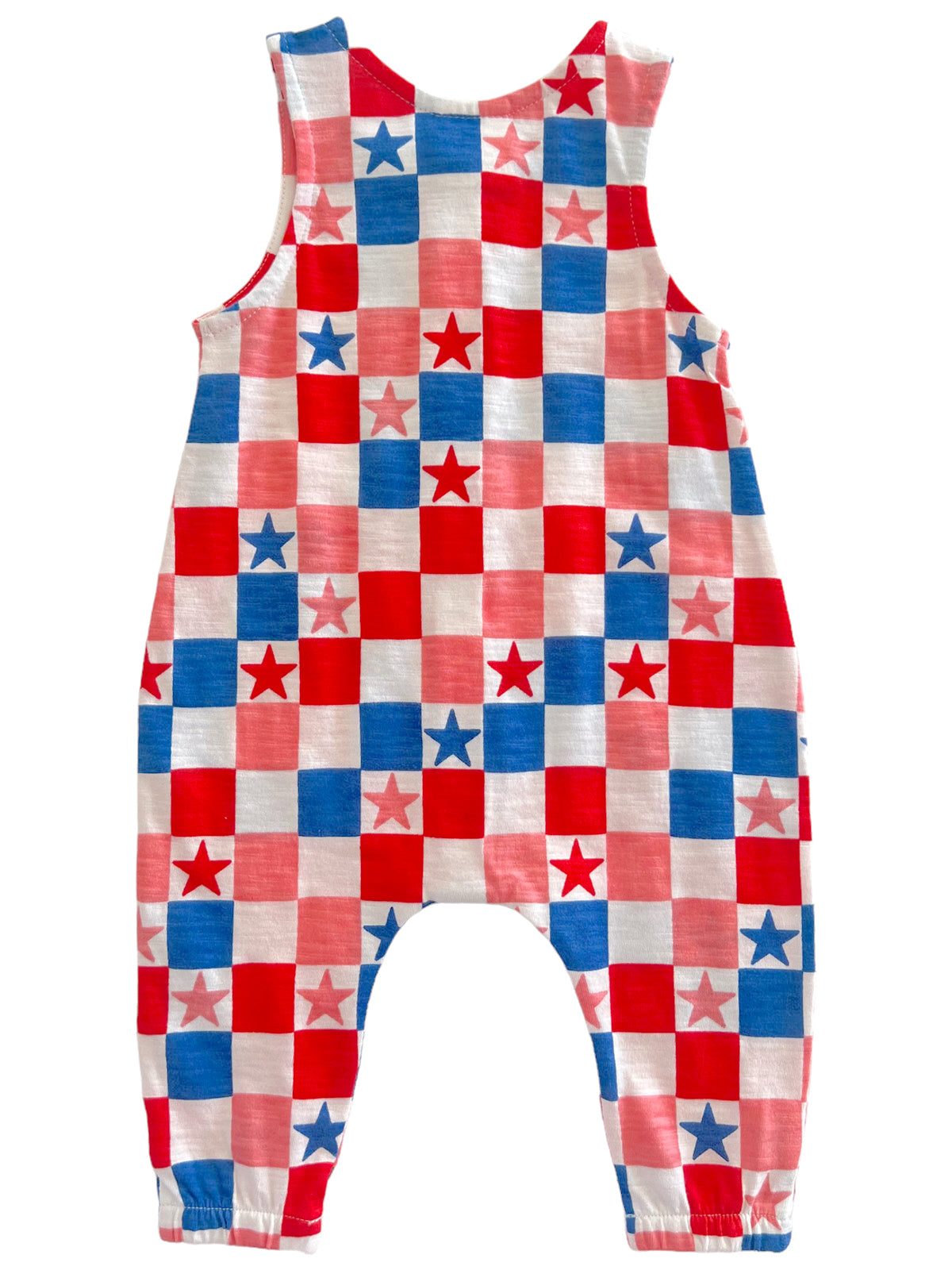 Red, white, and blue checkered romper with star patterns, suitable for kids.