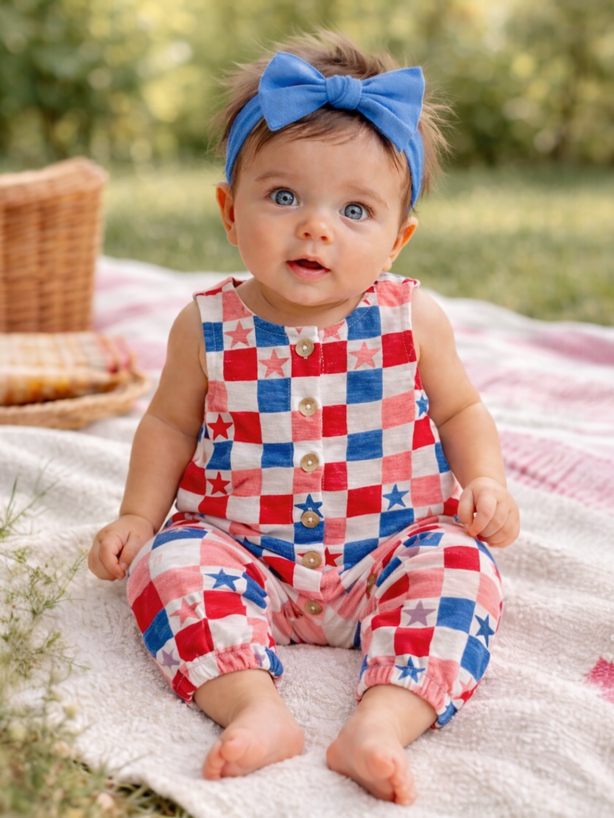 Baby girl with blue eyes and a blue bow, wearing a red and white checkered outfit, sitting on a blanket outdoors.