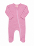 Pink baby onesie with long sleeves and zipper front, featuring footed design and soft, speckled fabric.