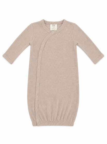 Beige ribbed baby gown with long sleeves and snap-button closure for easy dressing.
