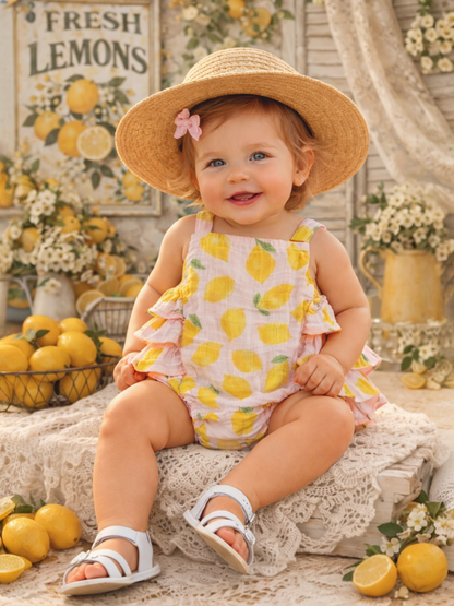 Smiling baby in a lemon-patterned outfit sits on a textured blanket surrounded by lemons and flowers.