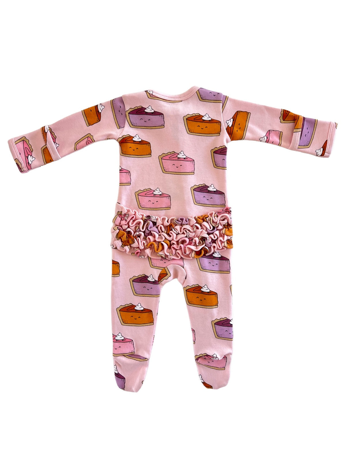 Pink pajama set with colorful cake print and ruffled waist, suitable for children.