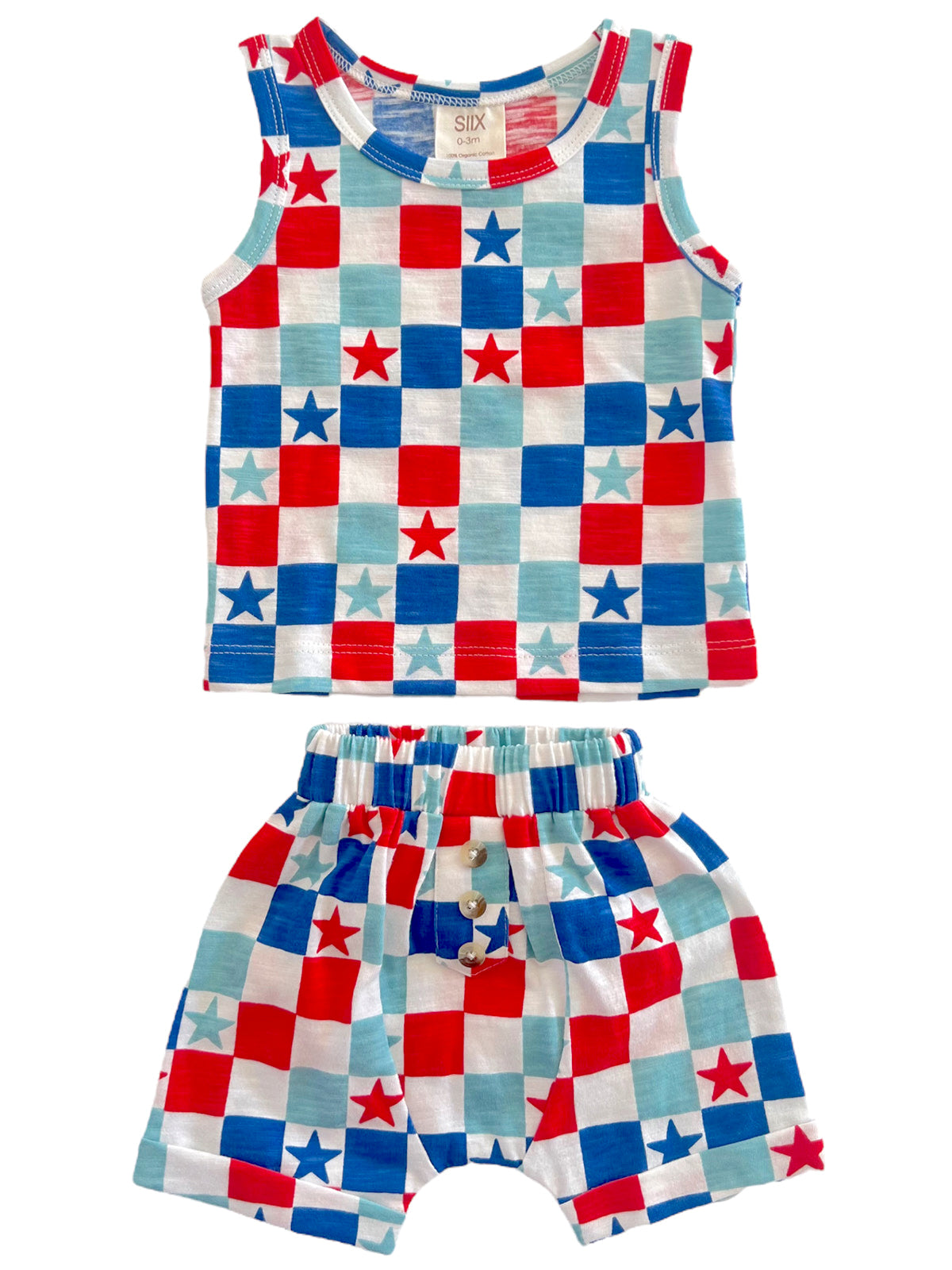 Colorful children's outfit featuring a tank top and shorts in red, blue, and white star-patterned fabric.