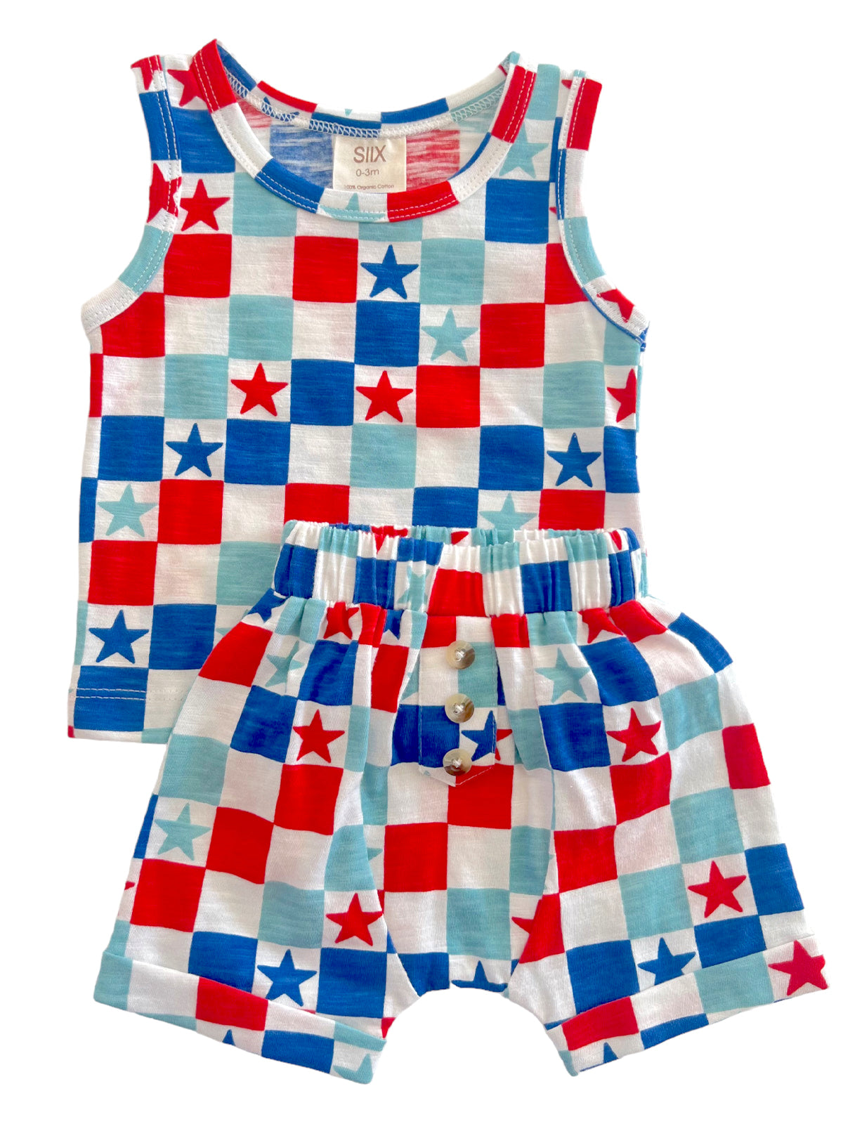 Toddler outfit featuring a star-patterned tank and shorts in red, white, and blue checks.