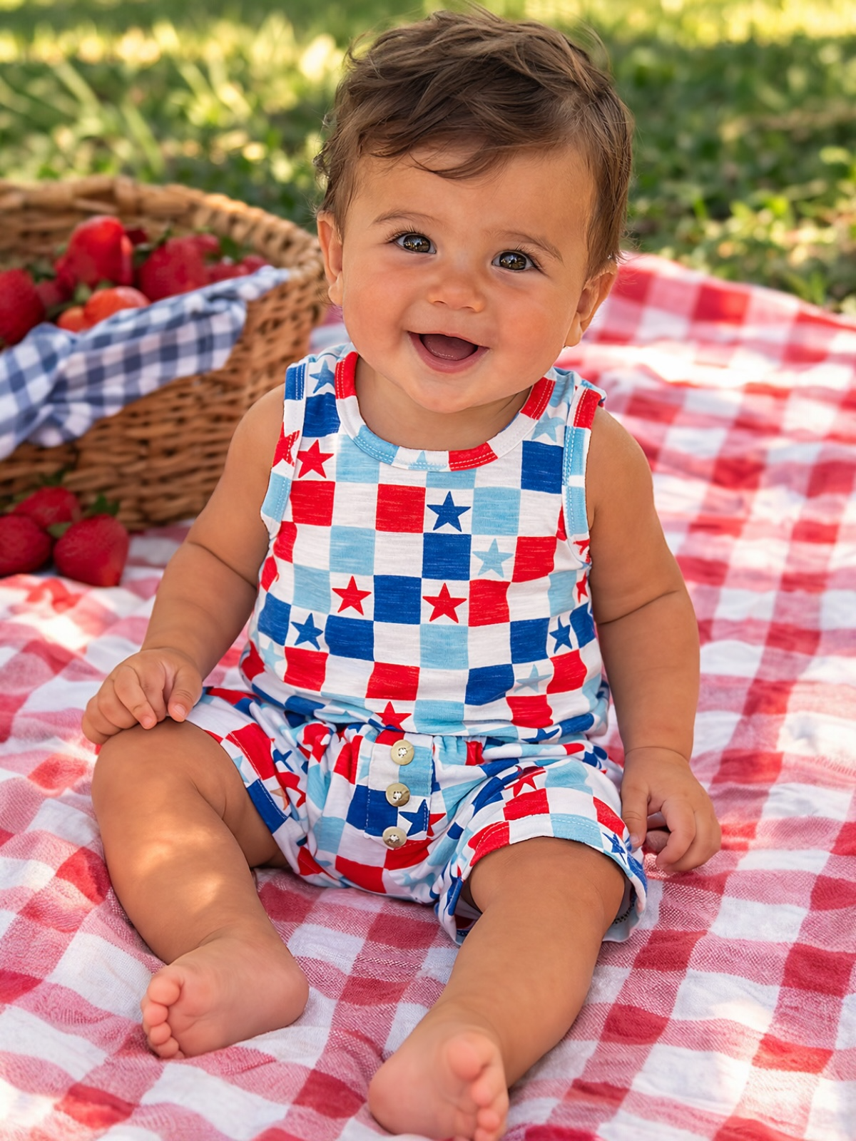 Smiling baby in a red, white, and blue outfit, sitting on a checkered blanket surrounded by strawberries.
