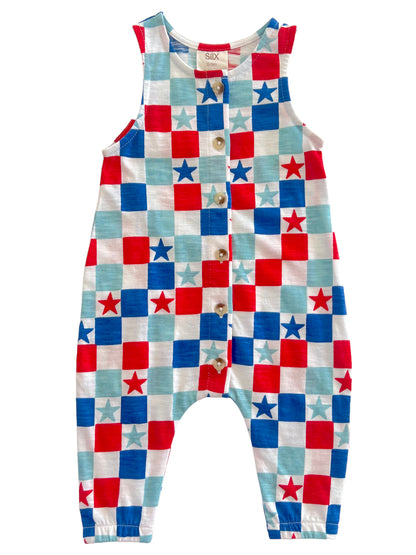 Colorful children's romper featuring a checkered pattern with red, blue, and aqua squares and star motifs.