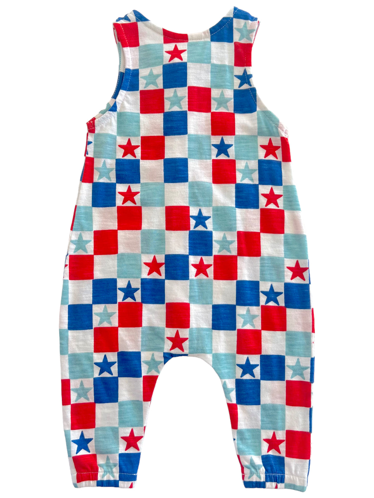Colorful, sleeveless children's romper featuring red, white, and blue star-patterned squares.