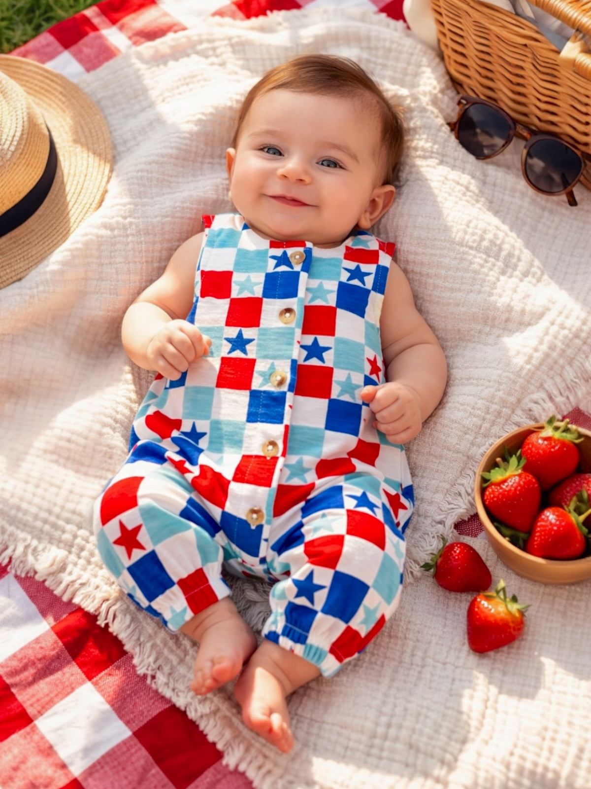 Smiling baby in colorful star-patterned outfit sitting on a picnic blanket with strawberries and a picnic basket.