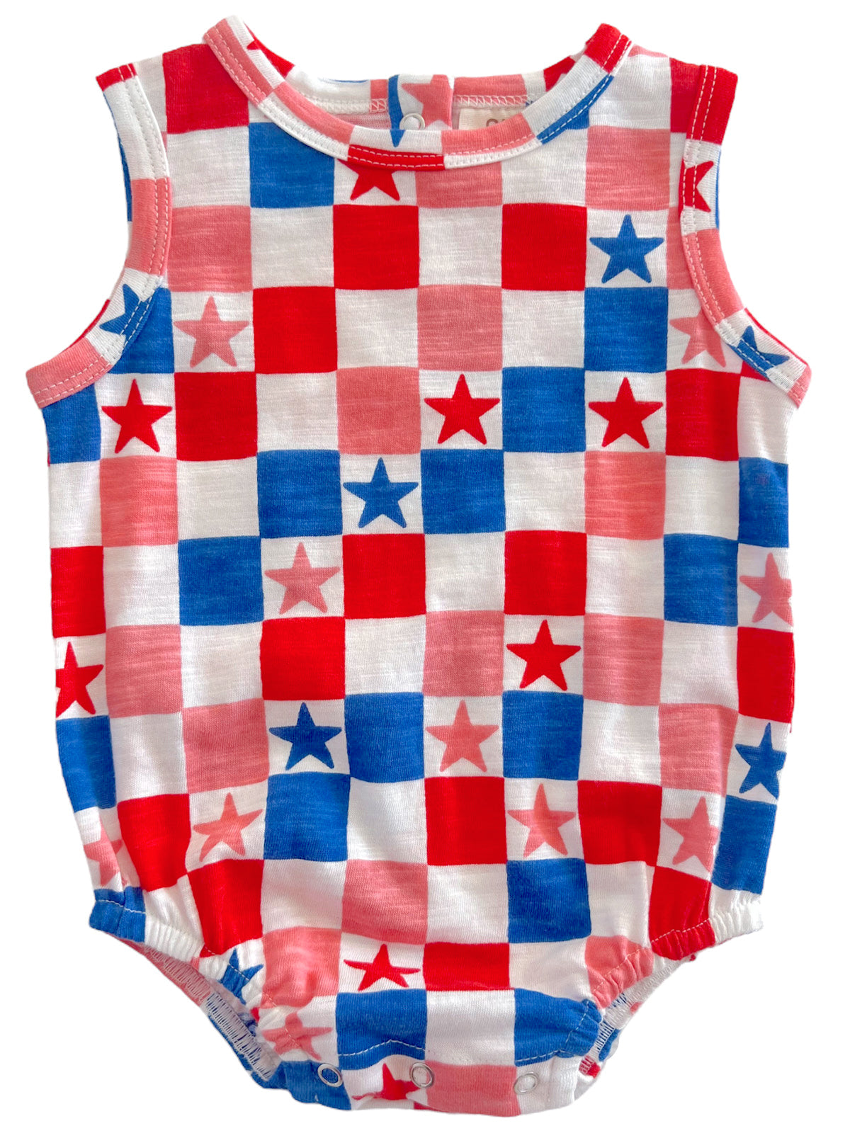 Colorful baby romper featuring a red, white, and blue star and checkered pattern.