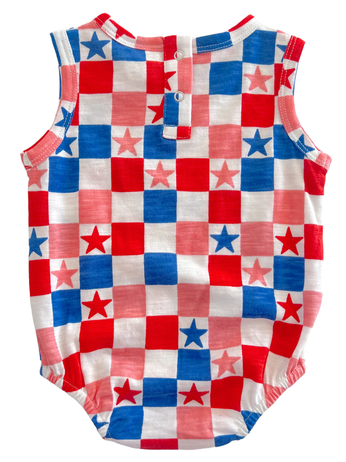 Red, white, and blue checkered sleeveless baby romper with star patterns.