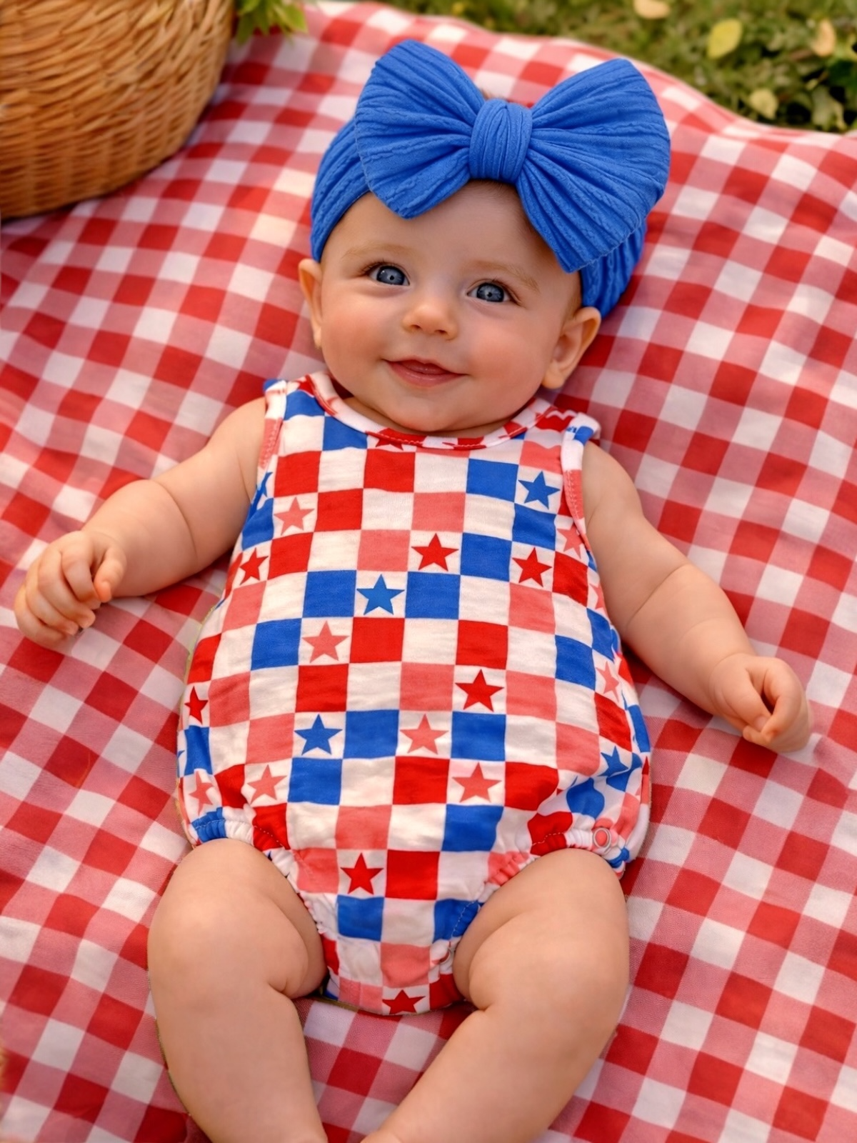 Smiling baby in red, white, and blue checkered outfit with a large blue bow, lying on a picnic blanket.