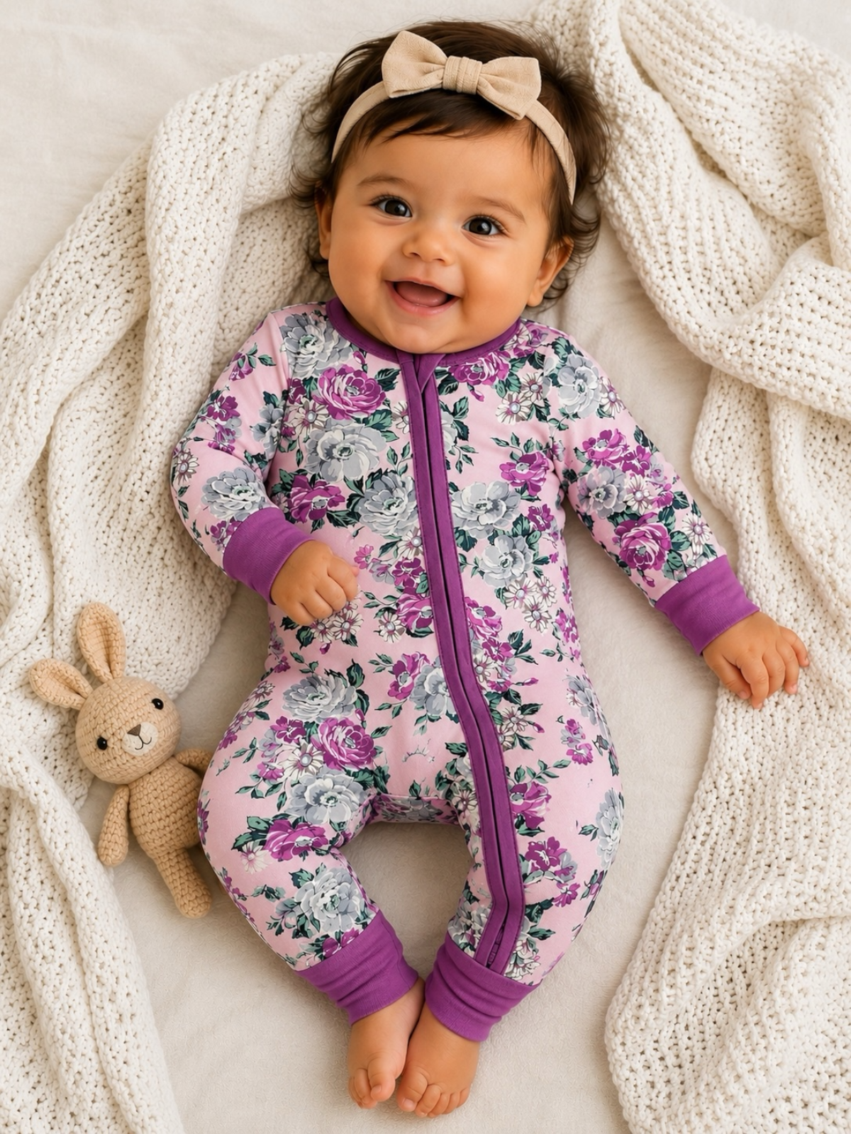 Smiling baby in floral pajamas with a bow headband, cuddling a plush bunny on a cozy blanket.